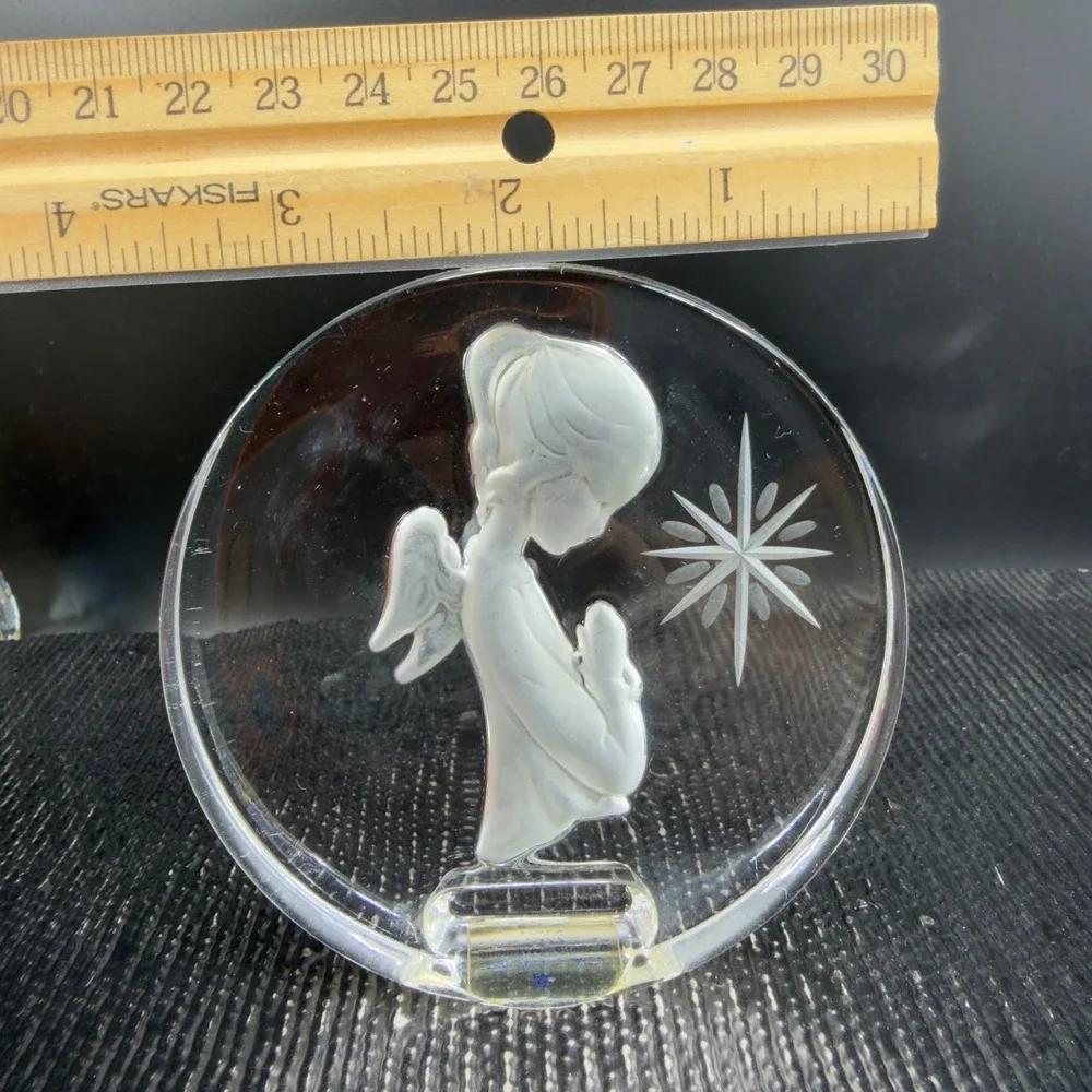 Danbury Mint 1977 Christmas Crystal Praying Angel‎ Star Plaque Italy Clear VTG